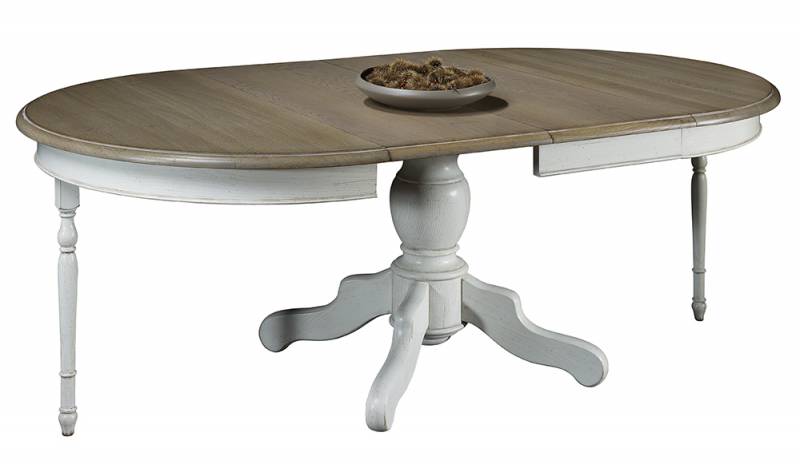Table de salle à manger ronde pied central plateau chêne massif avec allonges
