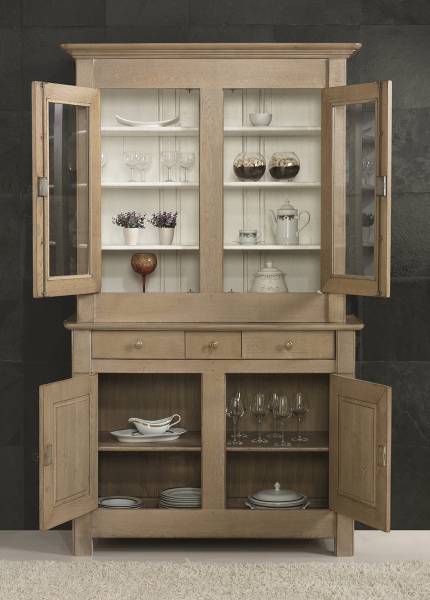 Bahut vaisselier 2 portes vitrées chêne massif chêne clair